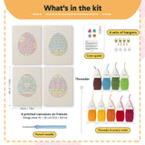 What is in the Bold Pattern Eggs set, 8 × 12 in (20 × 30 cm) each: 4 printed canvases, punch needle, threader, threads, color guide and 4 sets of hangers