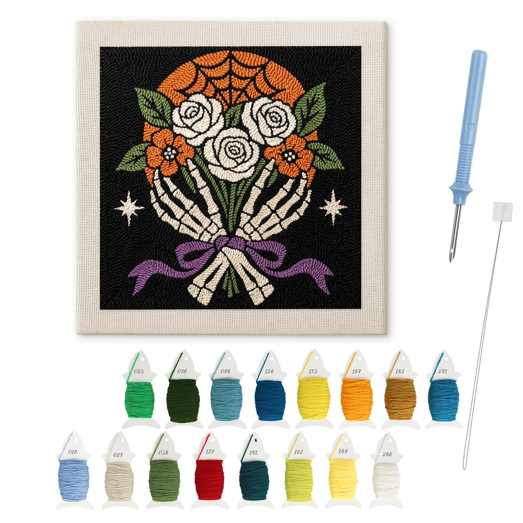 Bone Hands Bouquet punch needle kit: finished canvas with threads, punch needle and threader
