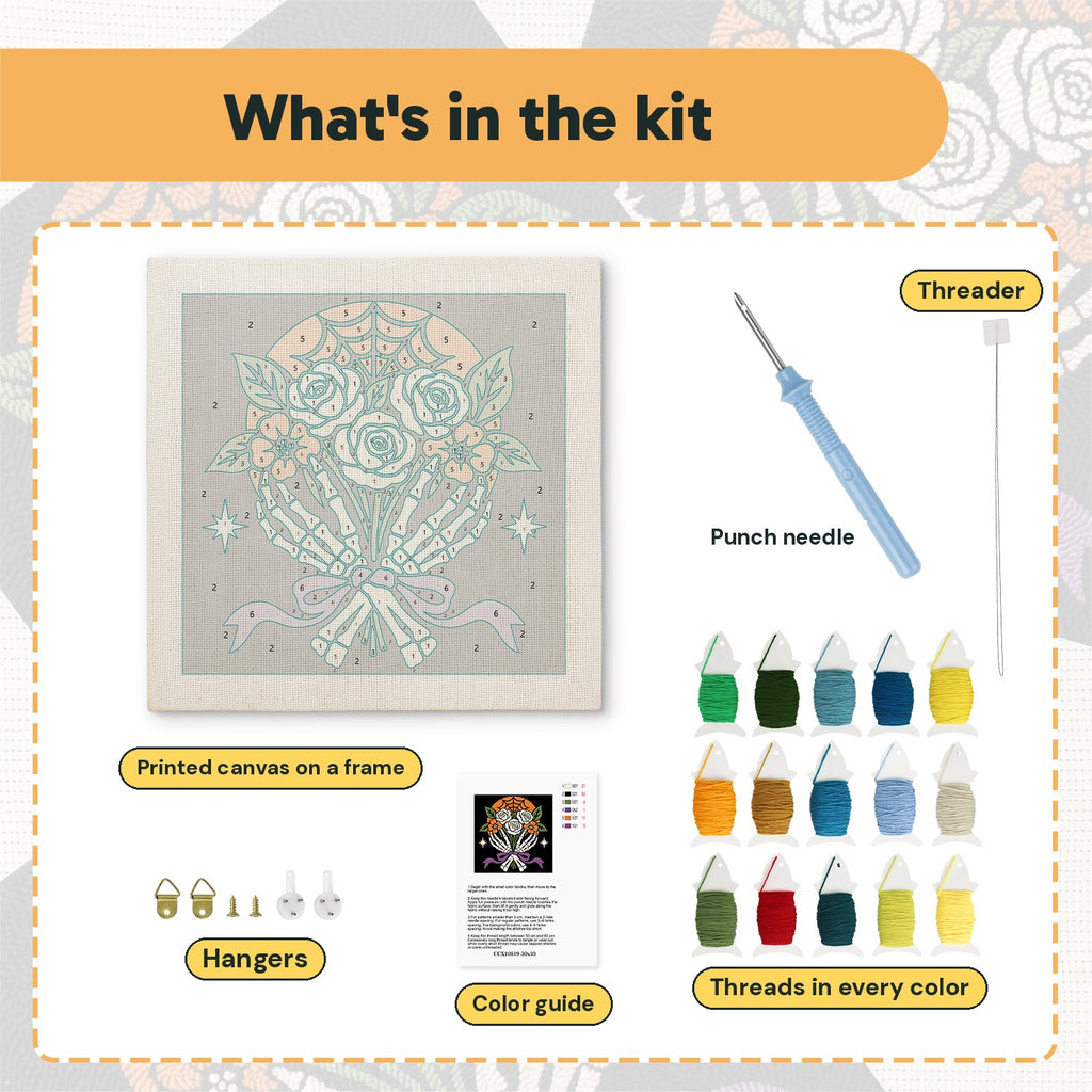 What is in the Bone Hands Bouquet kit: printed canvas, punch needle, threader, threads, color guide and hangers