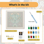 What is in the Bone Hands Bouquet kit: printed canvas, punch needle, threader, threads, color guide and hangers