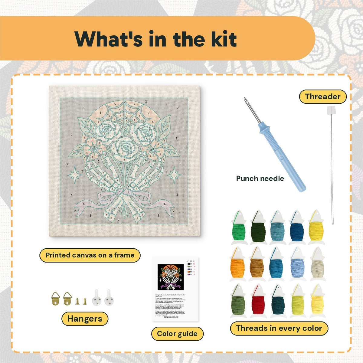 What is in the Bone Hands Bouquet kit: printed canvas, punch needle, threader, threads, color guide and hangers