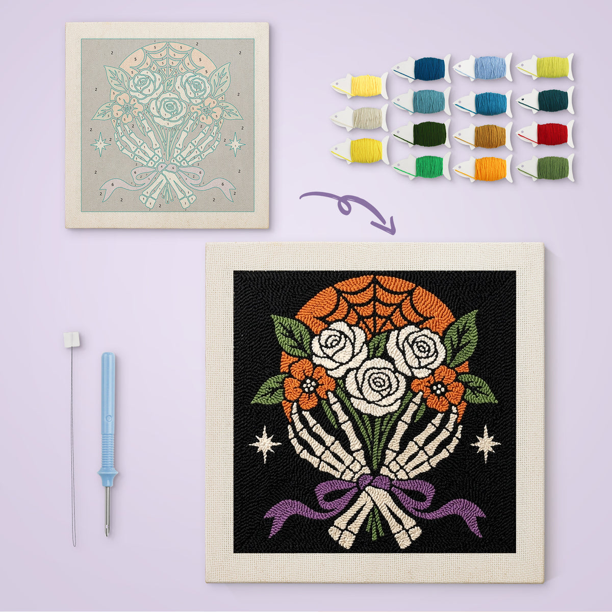 Bone Hands Bouquet canvas before and after punching, with the threads and tools