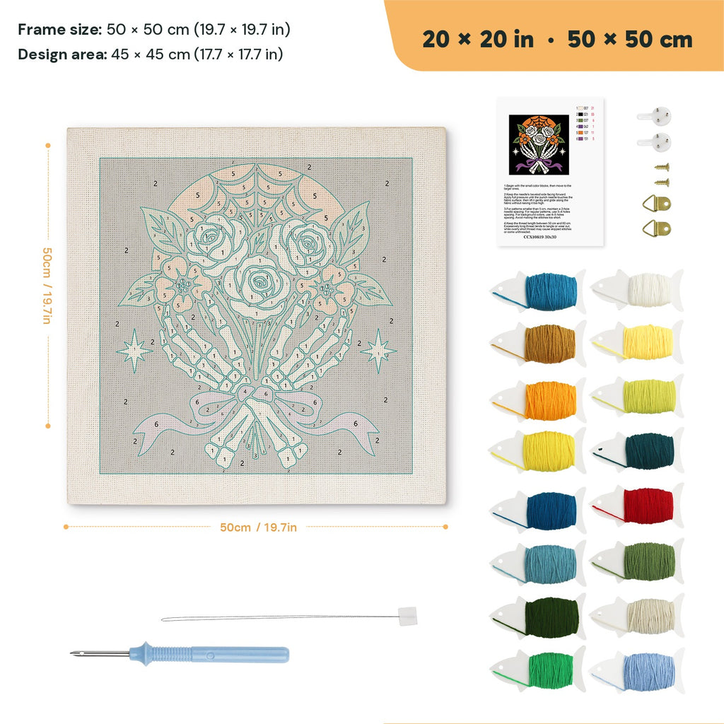 Bone Hands Bouquet punch needle kit, 20 × 20 in (50 × 50 cm): canvas size and kit contents