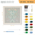 Bone Hands Bouquet punch needle kit, 20 × 20 in (50 × 50 cm): canvas size and kit contents