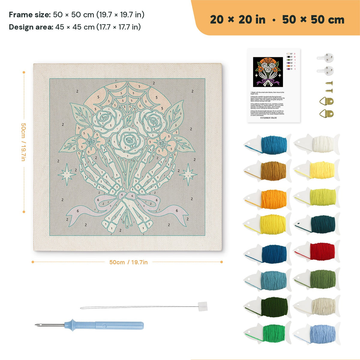 Bone Hands Bouquet punch needle kit, 20 × 20 in (50 × 50 cm): canvas size and kit contents