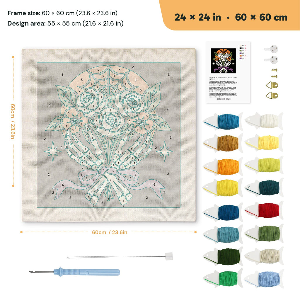 Bone Hands Bouquet punch needle kit, 24 × 24 in (60 × 60 cm): canvas size and kit contents