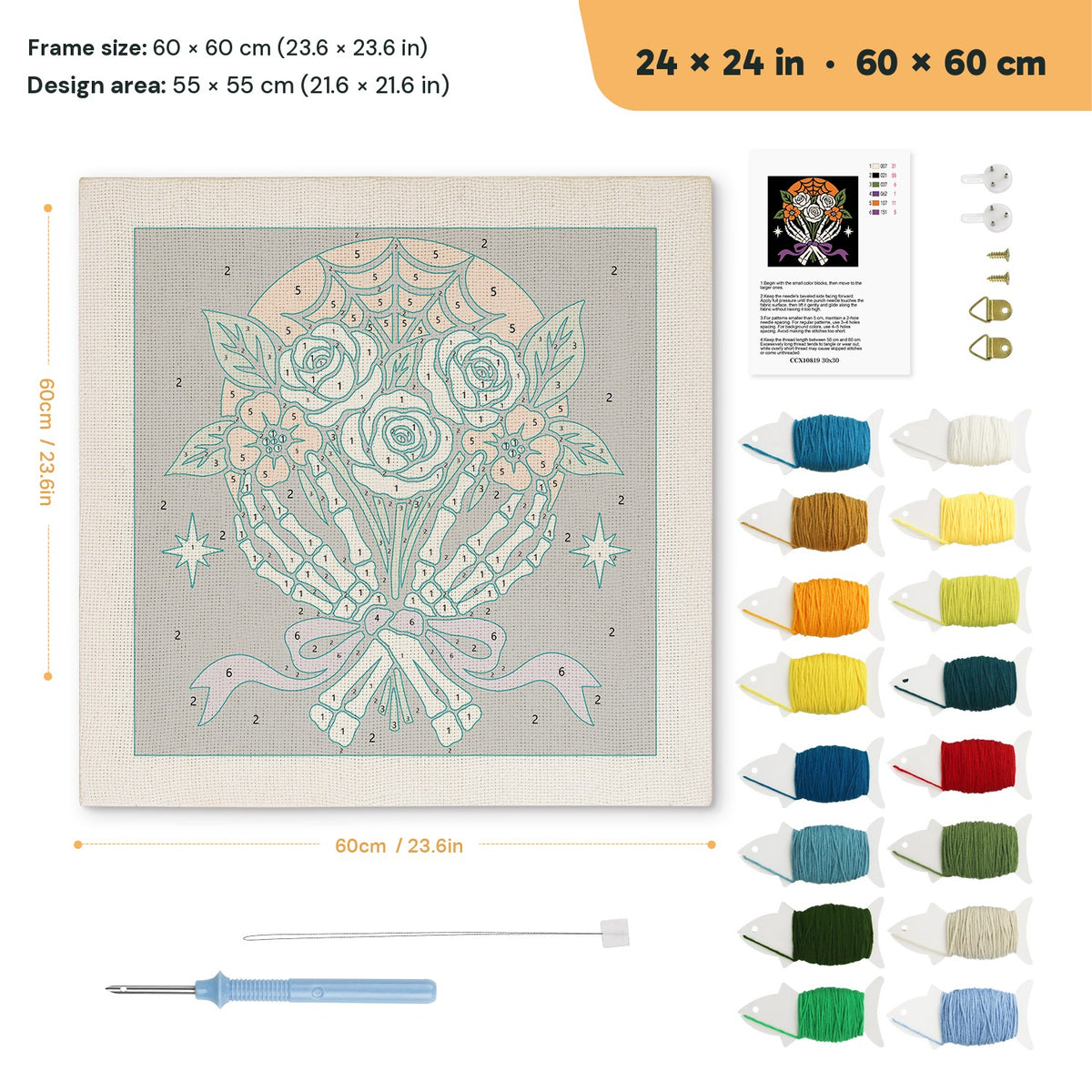 Bone Hands Bouquet punch needle kit, 24 × 24 in (60 × 60 cm): canvas size and kit contents