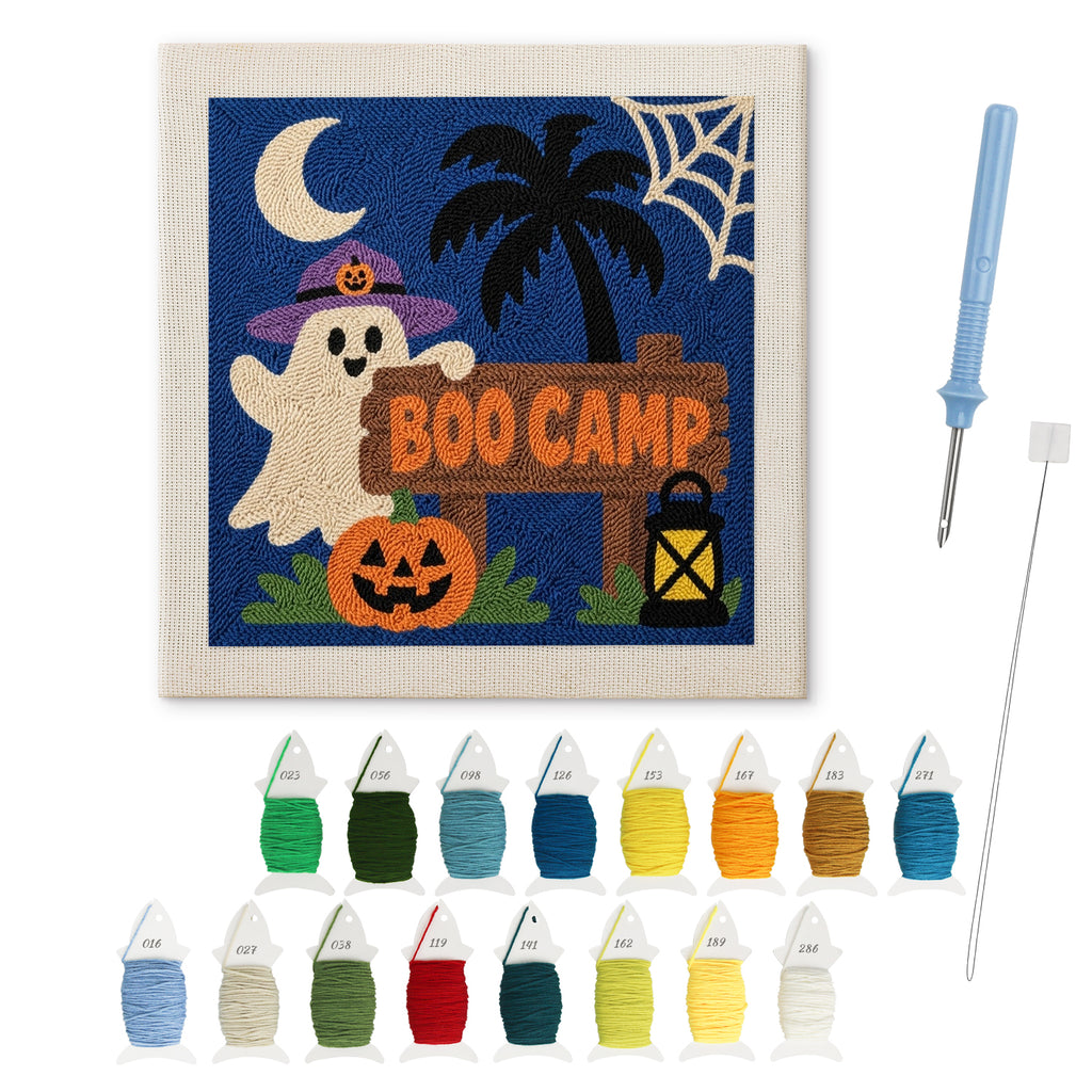 Boo Camp Ghost punch needle kit: finished canvas with threads, punch needle and threader