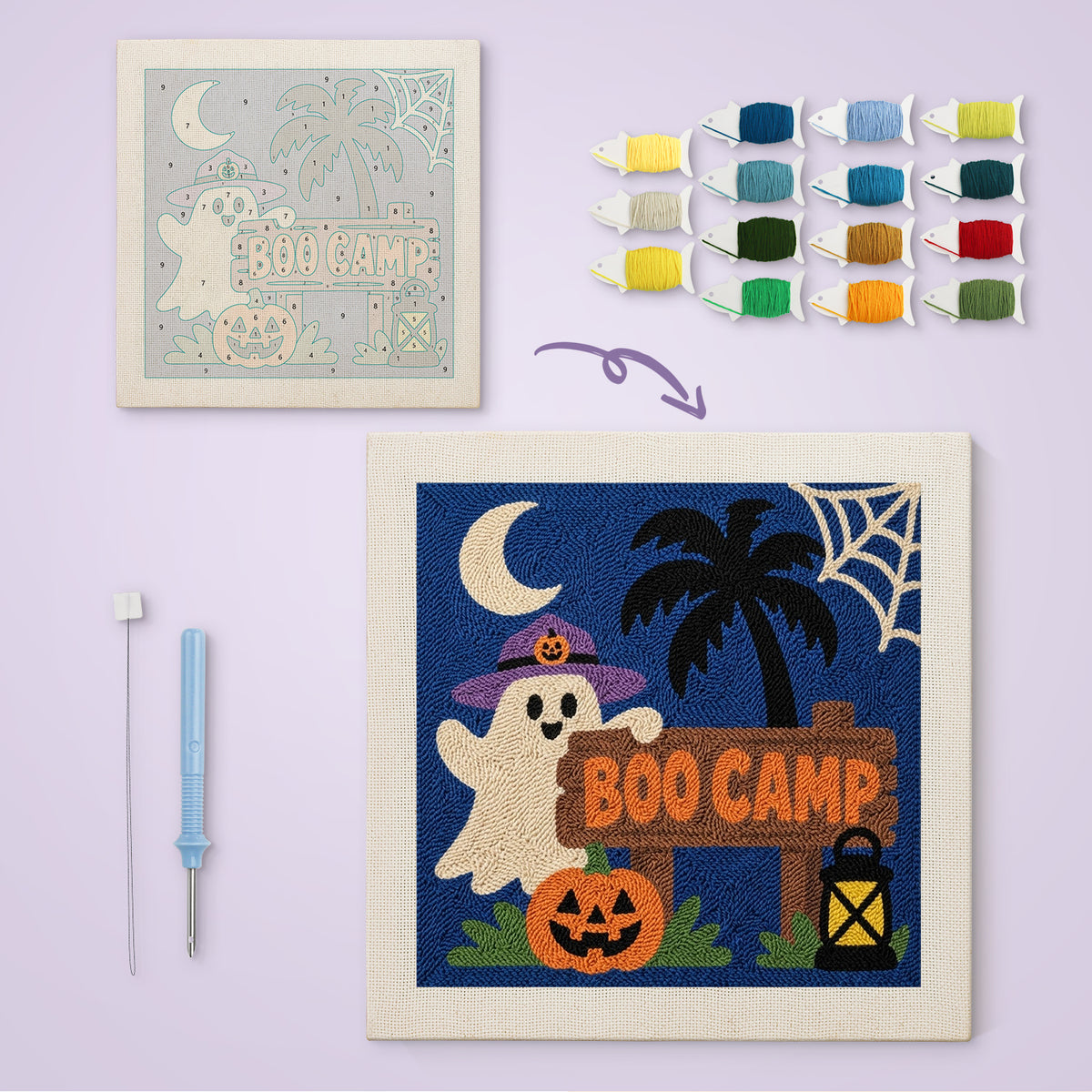 Boo Camp Ghost canvas before and after punching, with the threads and tools
