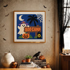 Finished Boo Camp Ghost punch needle canvas on a wall