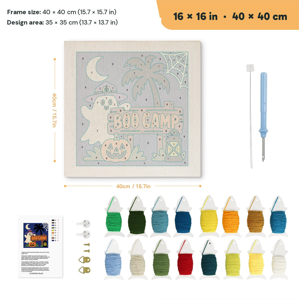 Boo Camp Ghost punch needle kit, 16 × 16 in (40 × 40 cm): canvas size and kit contents