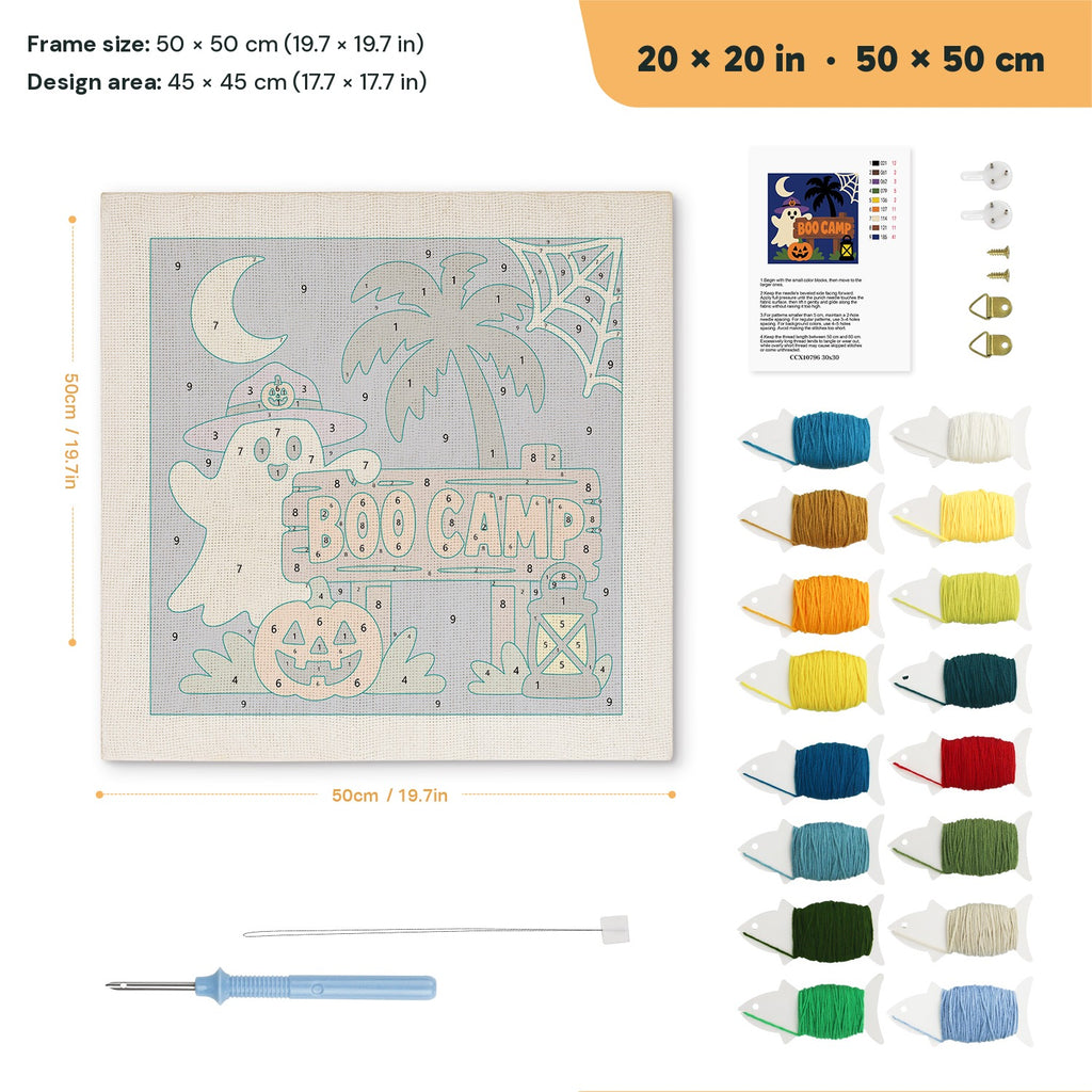 Boo Camp Ghost punch needle kit, 20 × 20 in (50 × 50 cm): canvas size and kit contents