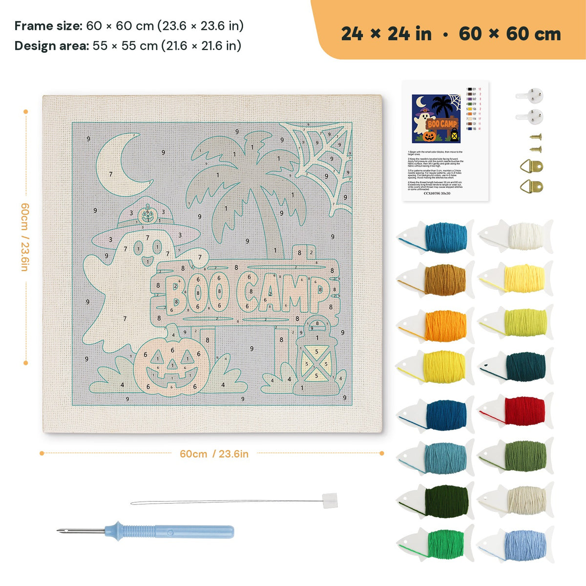 Boo Camp Ghost punch needle kit, 24 × 24 in (60 × 60 cm): canvas size and kit contents