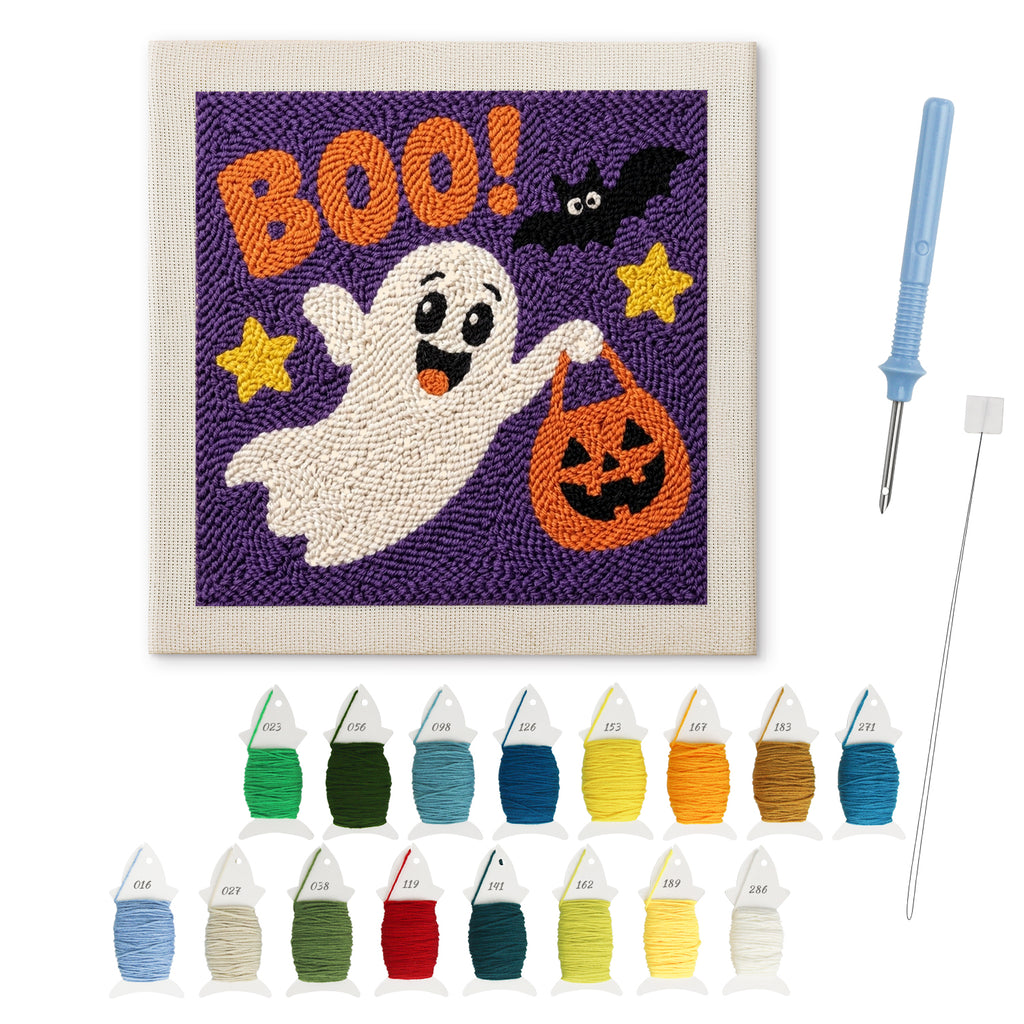 Boo Ghost punch needle kit: finished canvas with threads, punch needle and threader