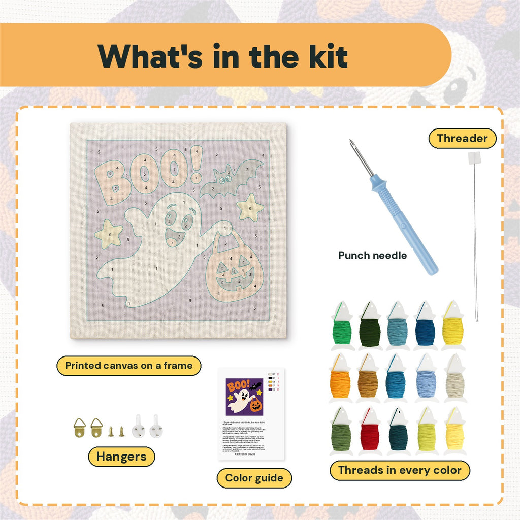 What is in the Boo Ghost kit: printed canvas, punch needle, threader, threads, color guide and hangers