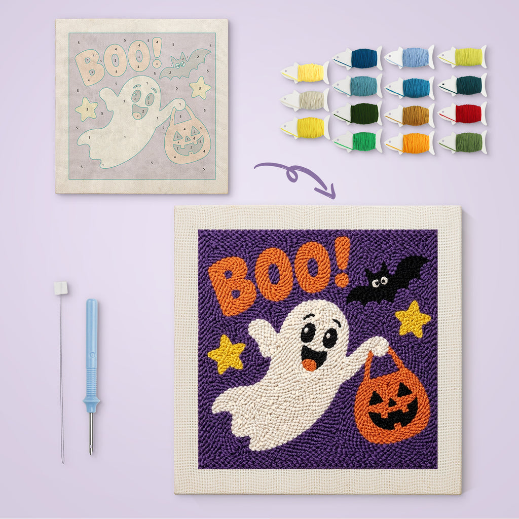 Boo Ghost canvas before and after punching, with the threads and tools