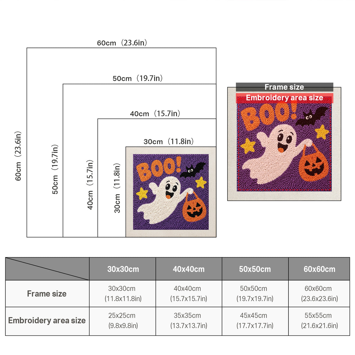 Size chart for square punch needle kits from 30 x 30 cm to 60 x 60 cm