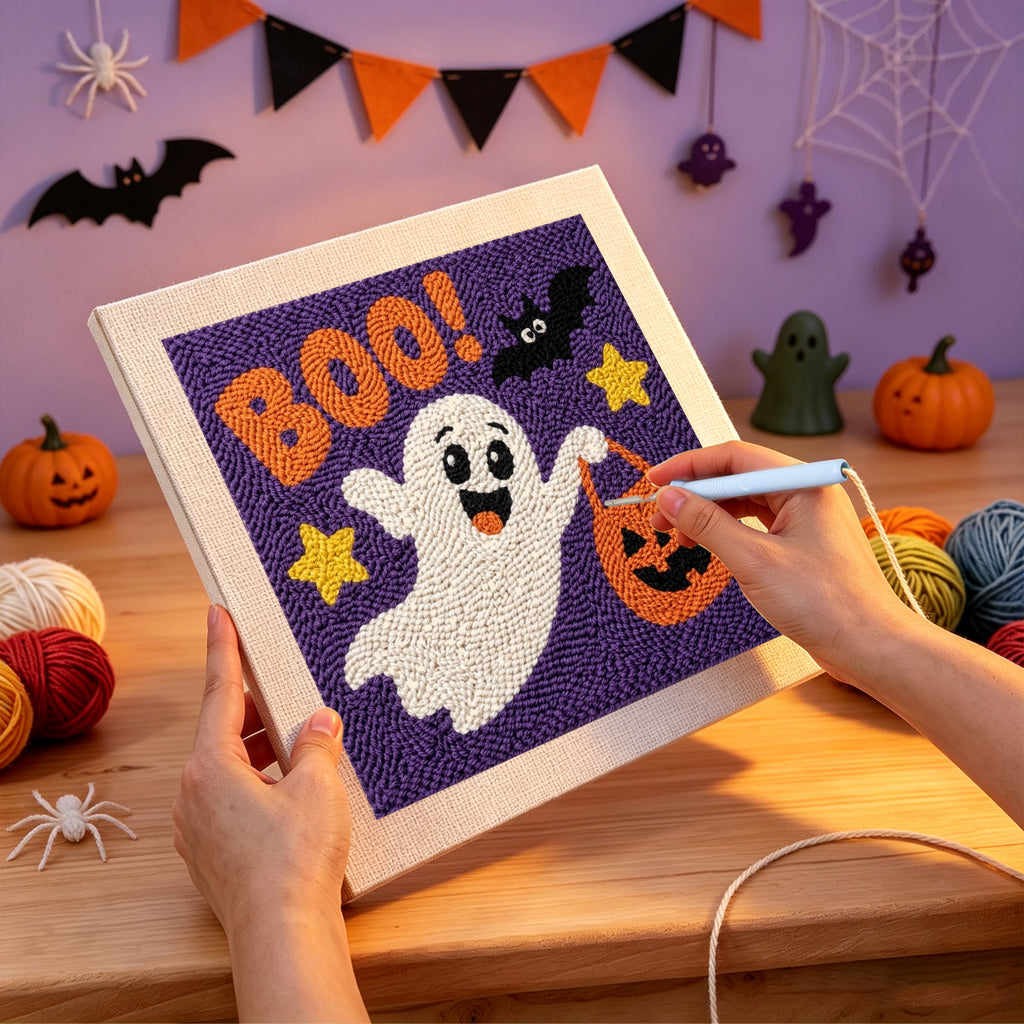 Punching the Boo Ghost design with the punch needle