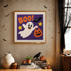 Finished Boo Ghost punch needle canvas on a wall