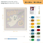 Boo Ghost punch needle kit, 20 × 20 in (50 × 50 cm): canvas size and kit contents