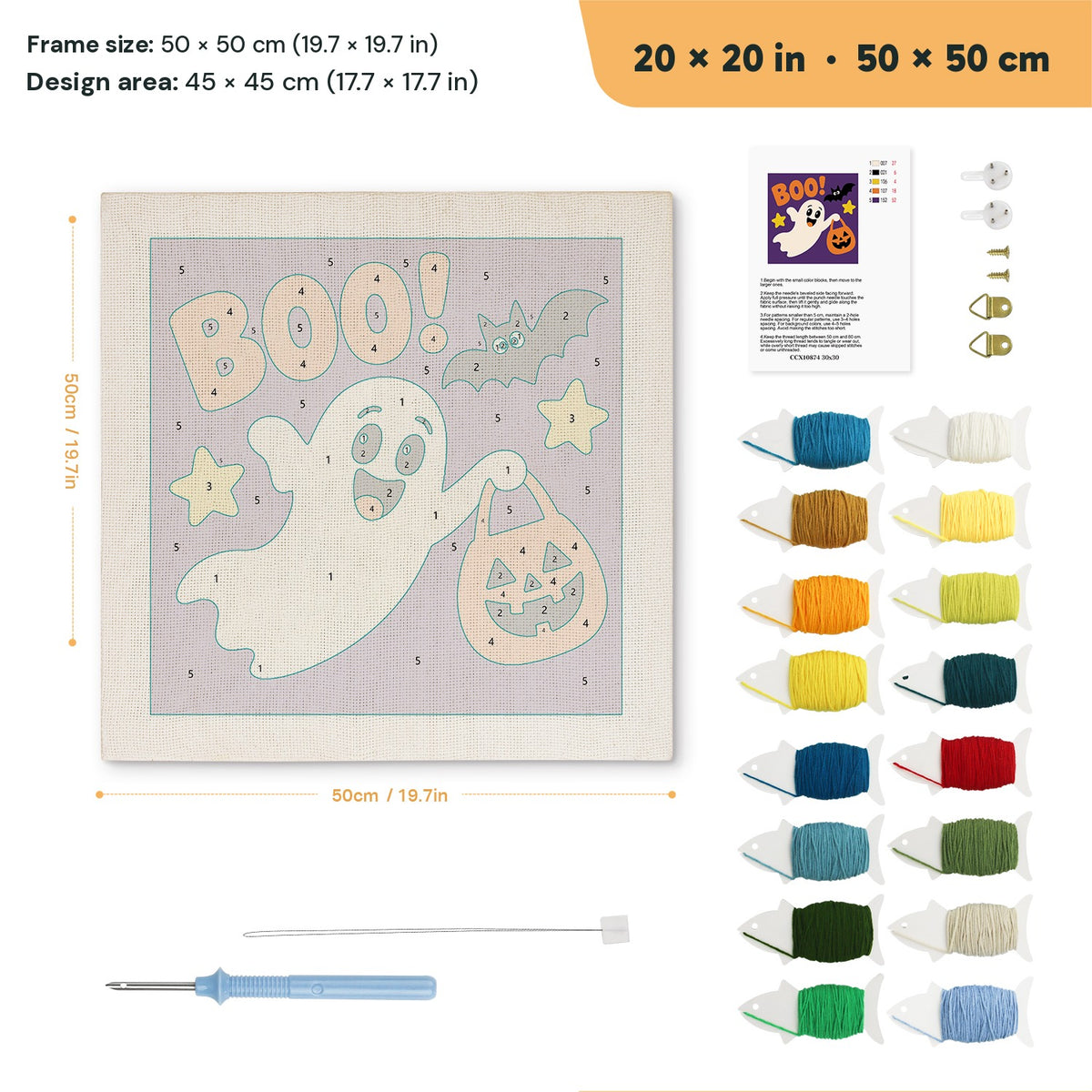 Boo Ghost punch needle kit, 20 × 20 in (50 × 50 cm): canvas size and kit contents
