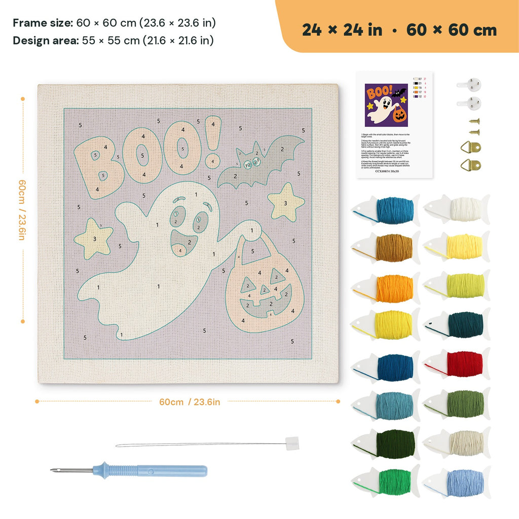 Boo Ghost punch needle kit, 24 × 24 in (60 × 60 cm): canvas size and kit contents