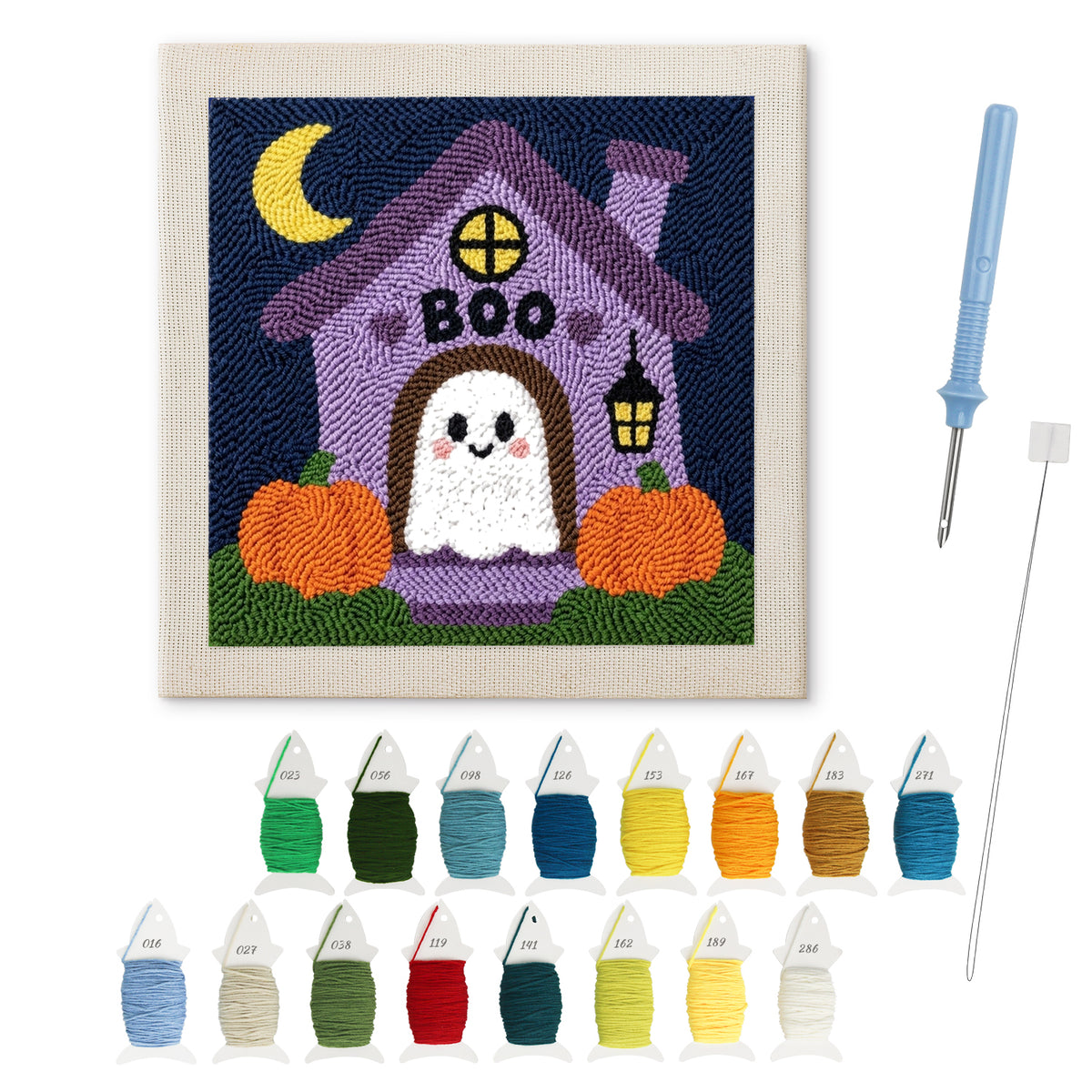 Boo House Ghost punch needle kit: finished canvas with threads, punch needle and threader