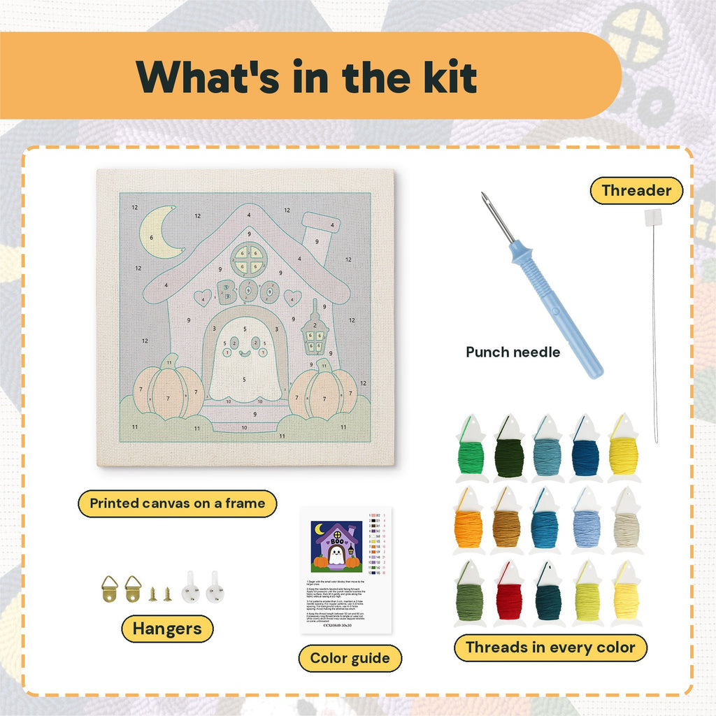 What is in the Boo House Ghost kit: printed canvas, punch needle, threader, threads, color guide and hangers