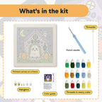 What is in the Boo House Ghost kit: printed canvas, punch needle, threader, threads, color guide and hangers