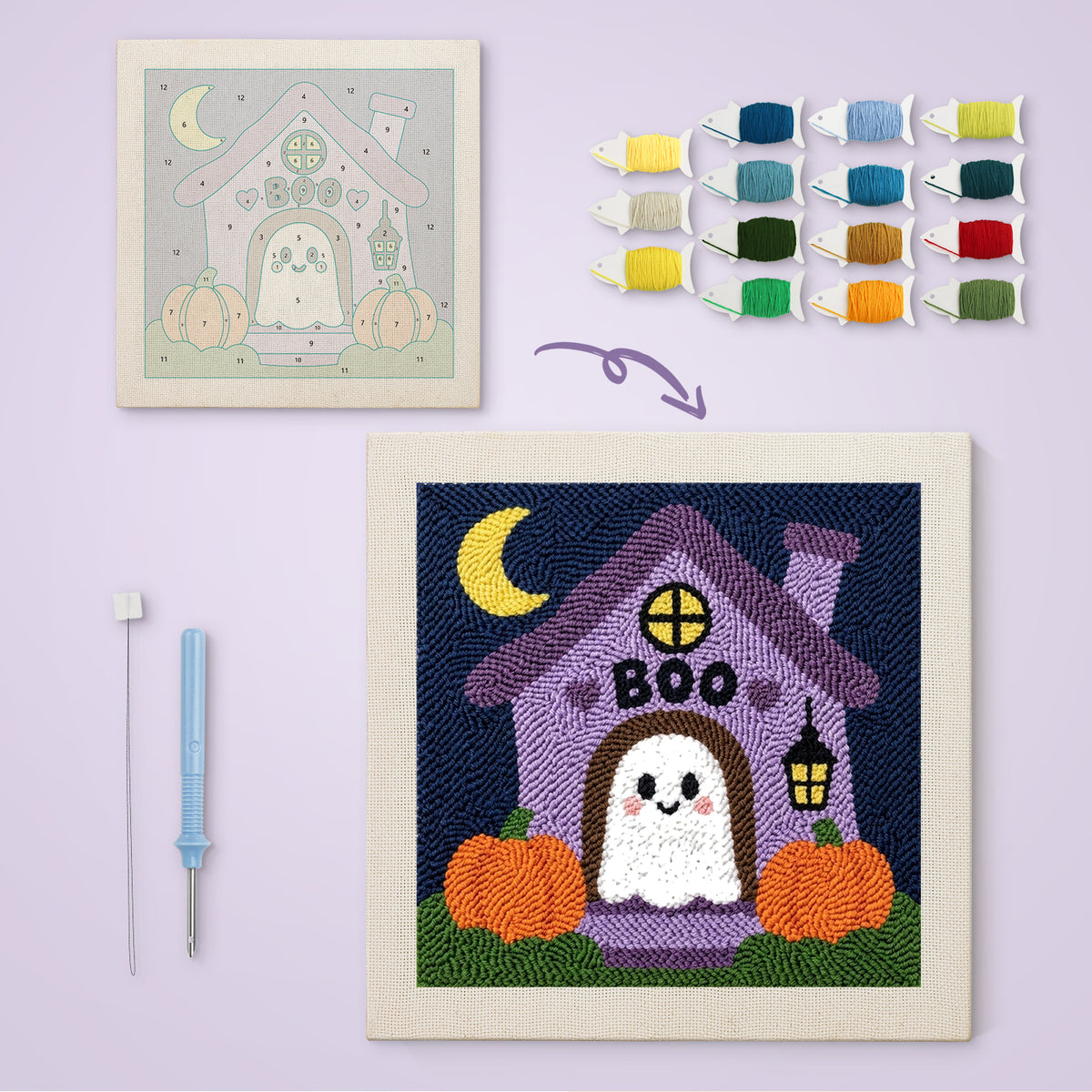 Boo House Ghost canvas before and after punching, with the threads and tools