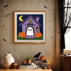 Finished Boo House Ghost punch needle canvas on a wall