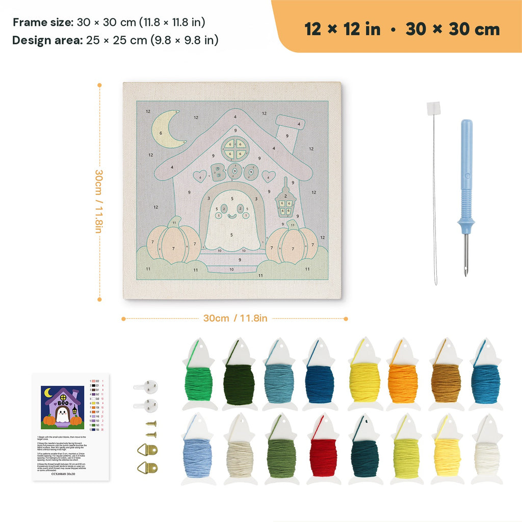 Boo House Ghost punch needle kit, 12 × 12 in (30 × 30 cm): canvas size and kit contents