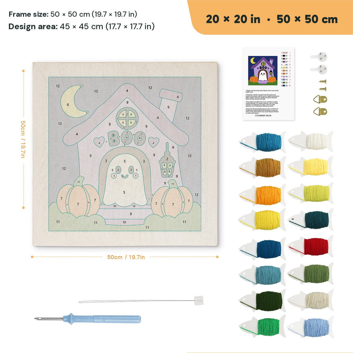 Boo House Ghost punch needle kit, 20 × 20 in (50 × 50 cm): canvas size and kit contents