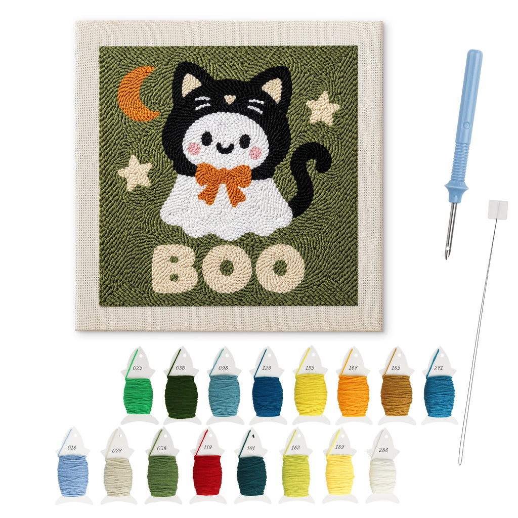 Boo Kitty Ghost punch needle kit: finished canvas with threads, punch needle and threader