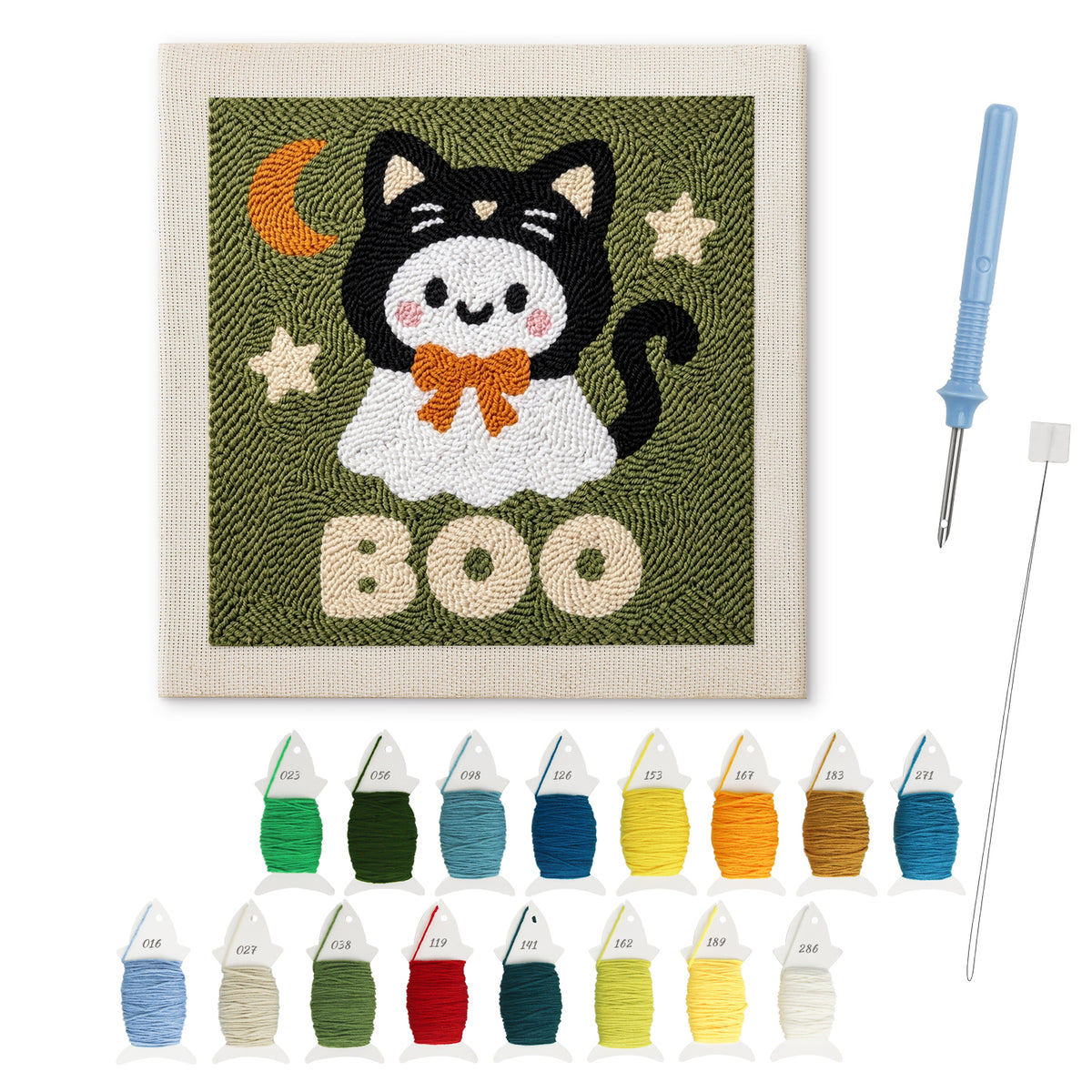 Boo Kitty Ghost punch needle kit: finished canvas with threads, punch needle and threader