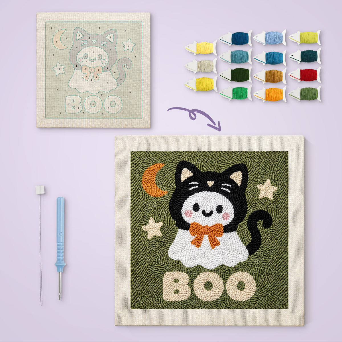 Boo Kitty Ghost canvas before and after punching, with the threads and tools