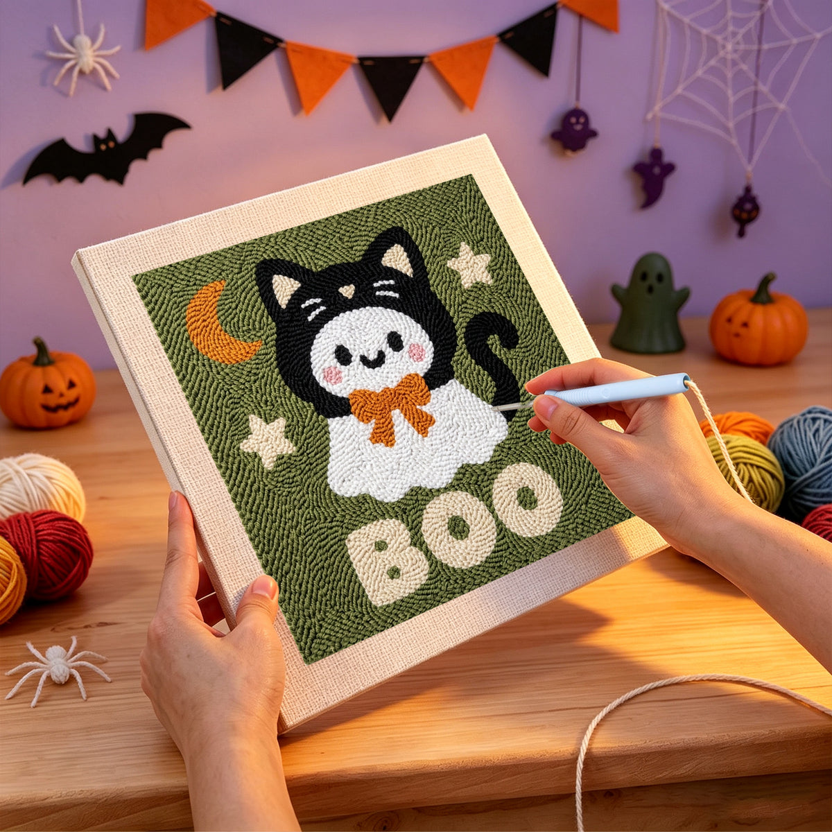 Punching the Boo Kitty Ghost design with the punch needle