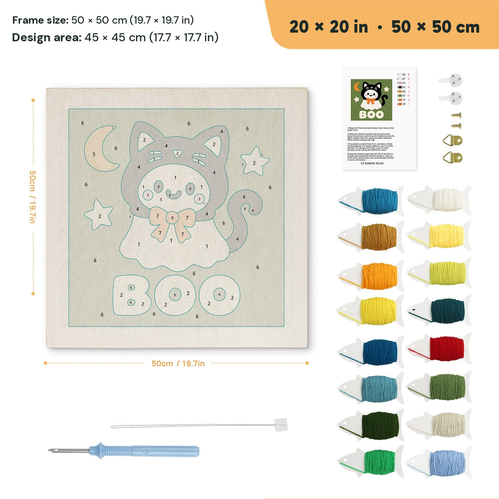Boo Kitty Ghost punch needle kit, 20 × 20 in (50 × 50 cm): canvas size and kit contents