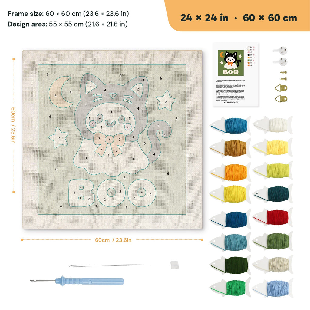 Boo Kitty Ghost punch needle kit, 24 × 24 in (60 × 60 cm): canvas size and kit contents