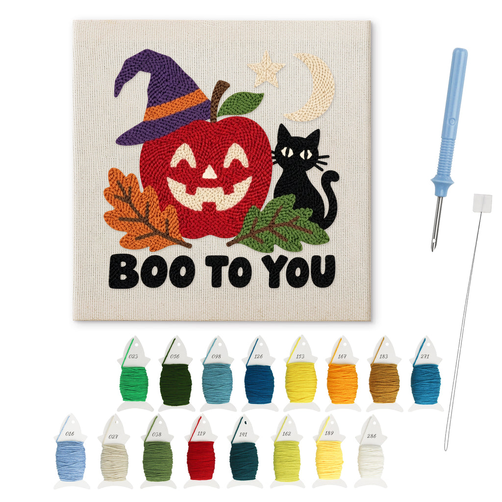 Boo to You Apple punch needle kit: finished canvas with threads, punch needle and threader