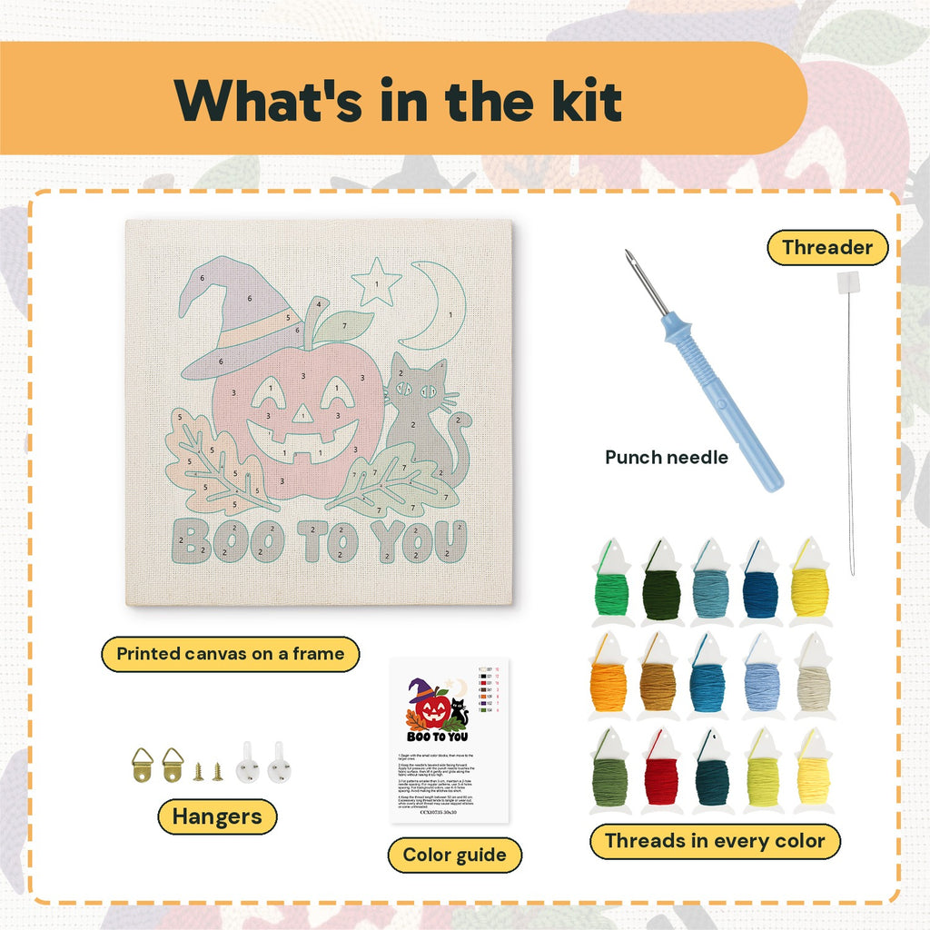 What is in the Boo to You Apple kit: printed canvas, punch needle, threader, threads, color guide and hangers