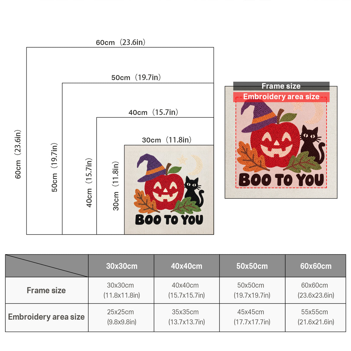 Size chart for square punch needle kits from 30 x 30 cm to 60 x 60 cm