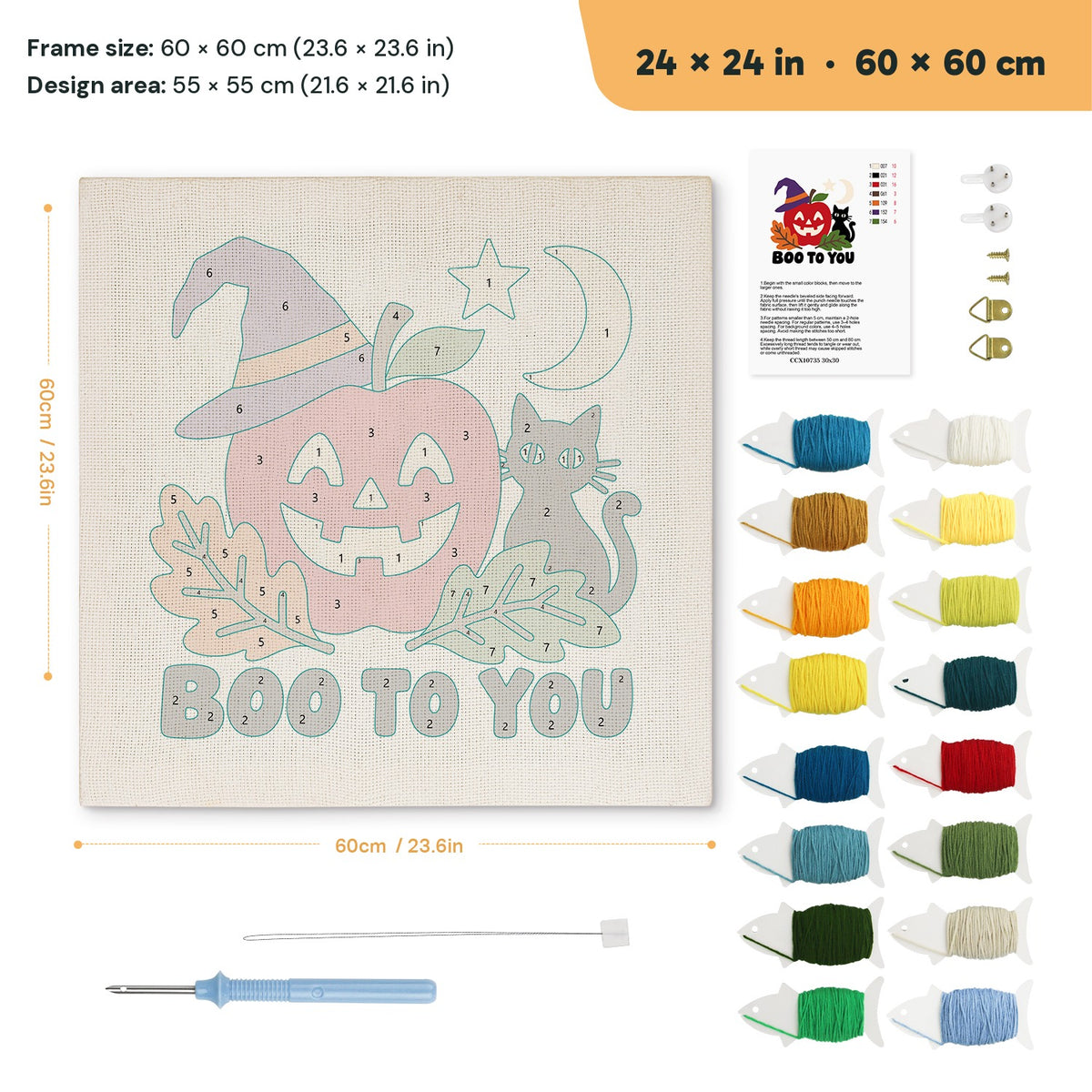 Boo to You Apple punch needle kit, 24 × 24 in (60 × 60 cm): canvas size and kit contents