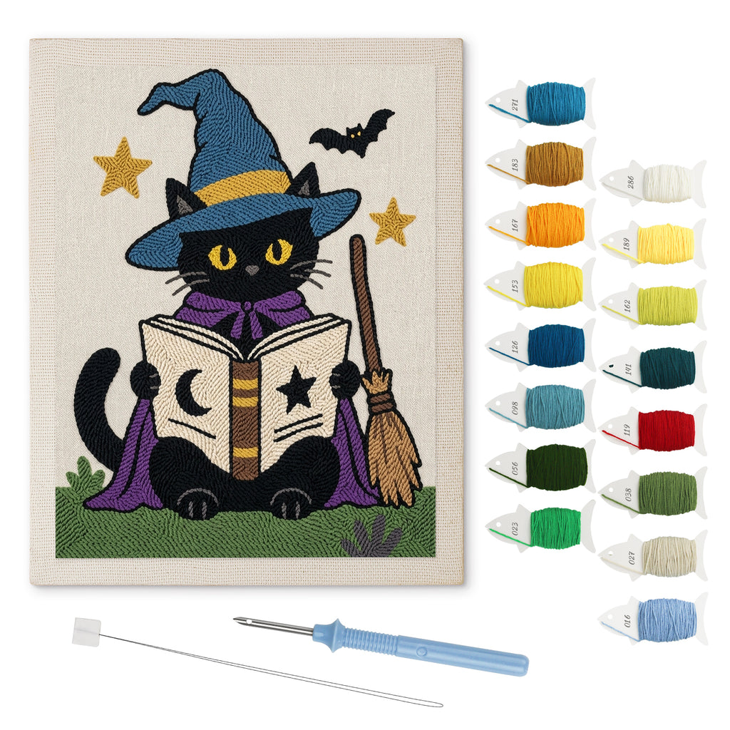 Bookish Witch Cat punch needle kit: finished canvas with threads, punch needle and threader