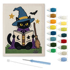 Bookish Witch Cat punch needle kit: finished canvas with threads, punch needle and threader