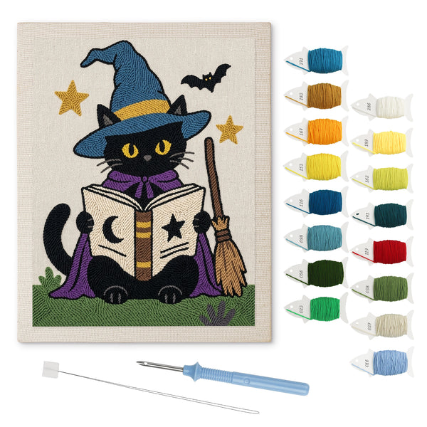Bookish Witch Cat punch needle kit: finished canvas with threads, punch needle and threader