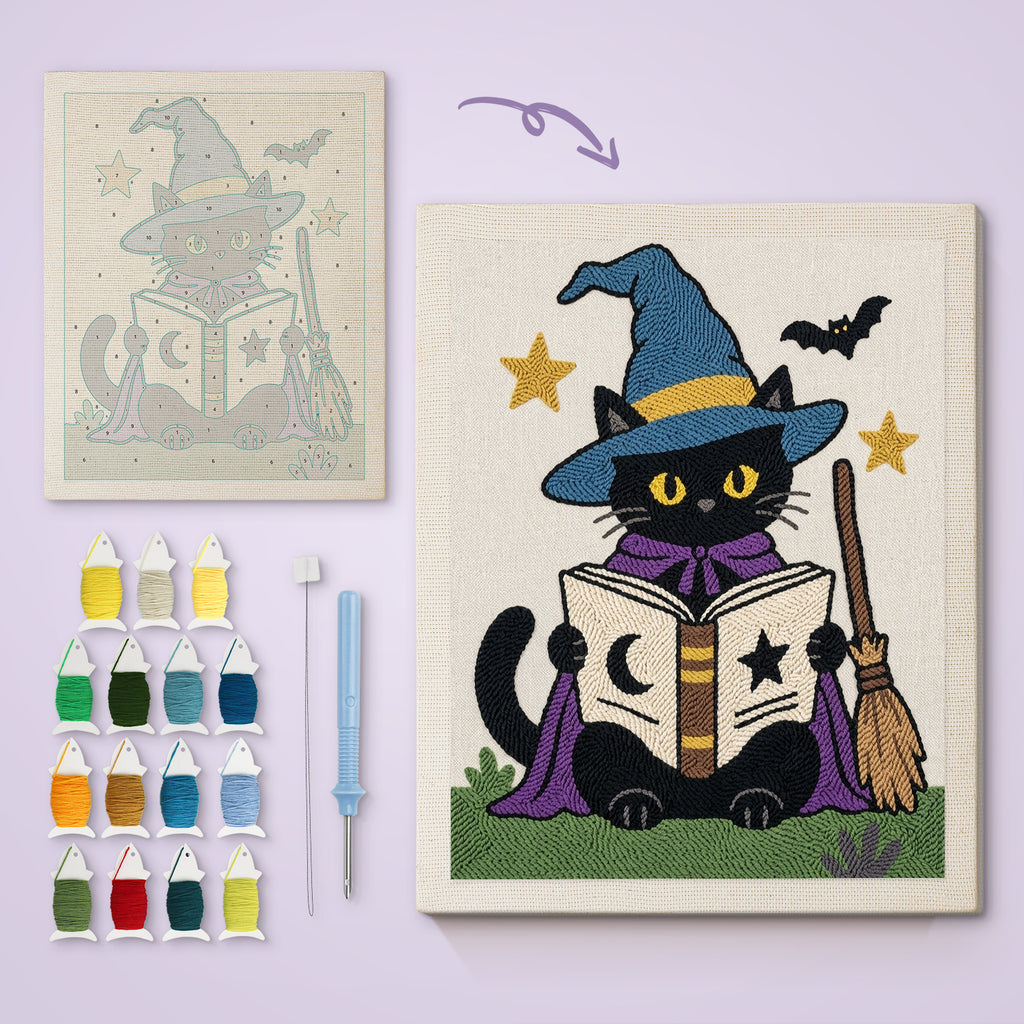 Bookish Witch Cat canvas before and after punching, with the threads and tools