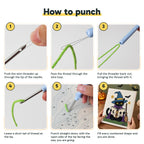 Six steps showing how to thread and use the punch needle