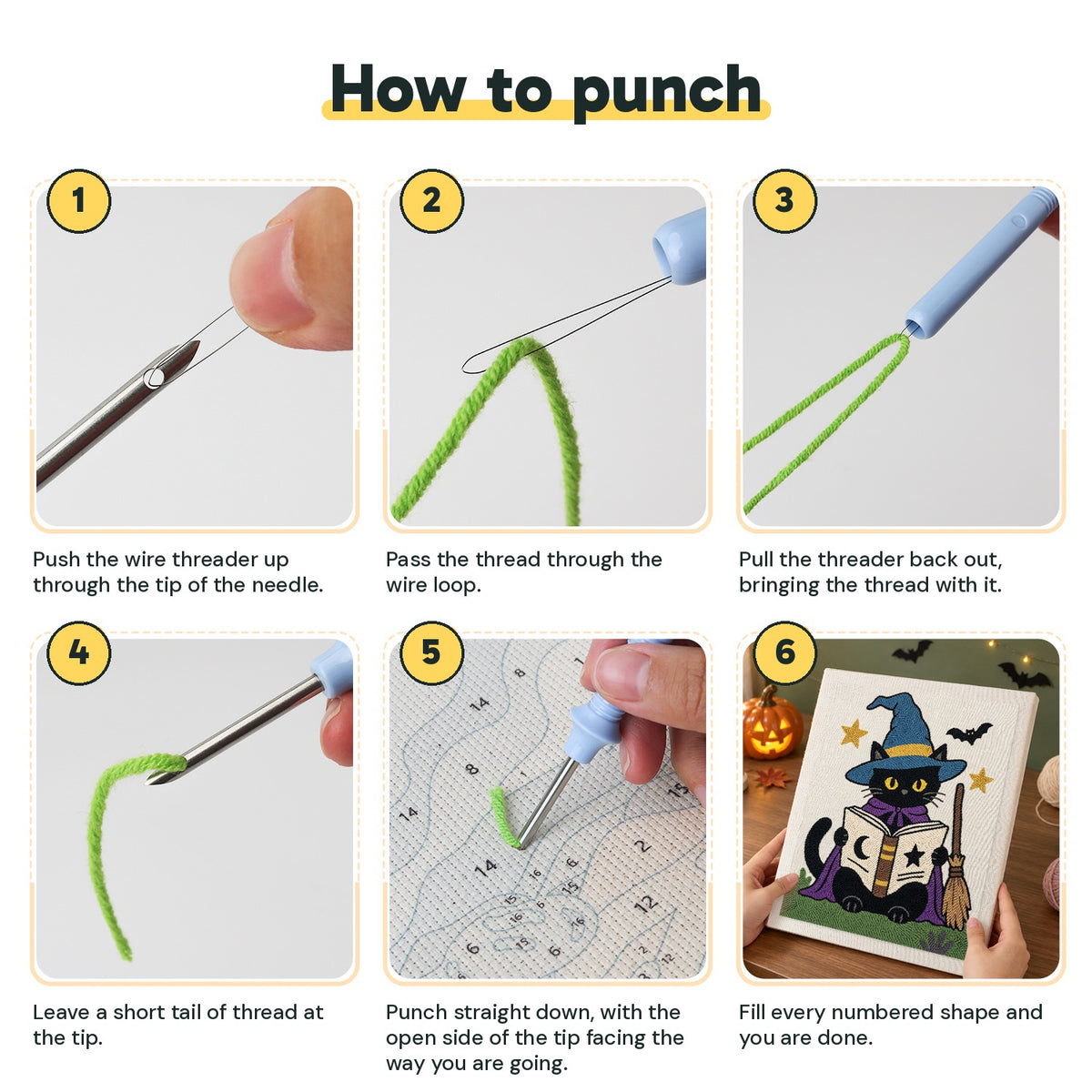 Six steps showing how to thread and use the punch needle