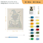 Bookish Witch Cat punch needle kit, 12 × 16 in (30 × 40 cm): canvas size and kit contents